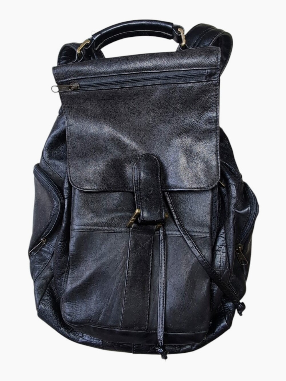 Black Genuine Leather Backpack Tote Vintage Thick Leather Drawstring Closure